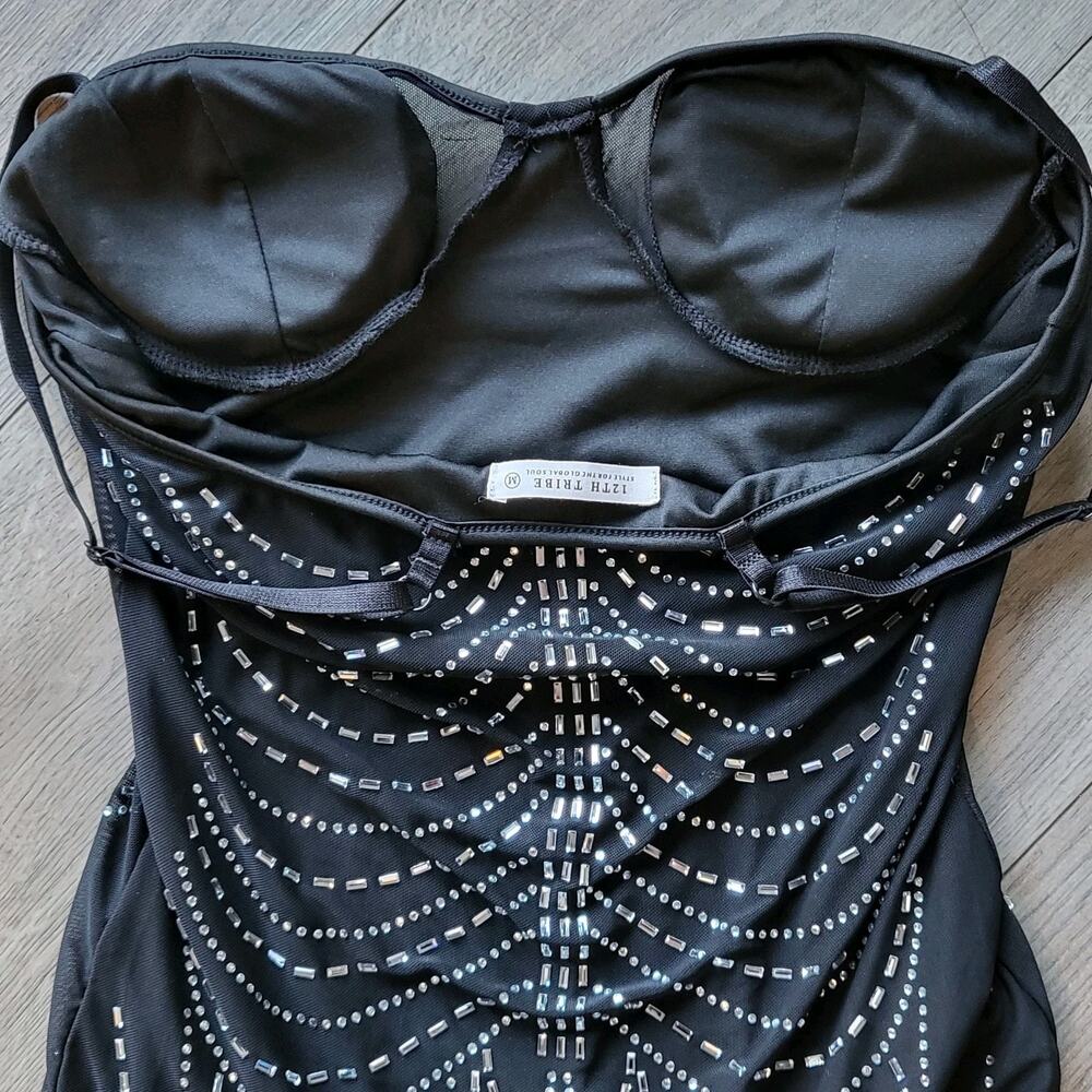 12th Tribe Shake It Black Rhinestone Mesh Mini Dress | Size M, EUC - Picture 9 of 10